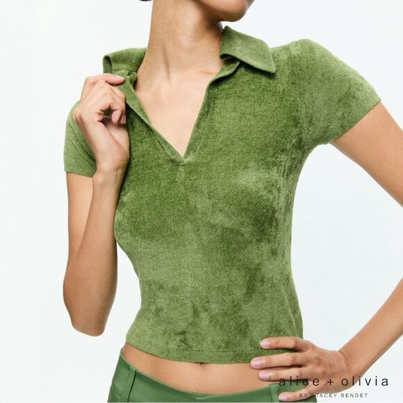 Alice + Olivia **NWT** Martha Crop Terry Cloth Polo Shirt Avocado Green - Picture 5 of 8
